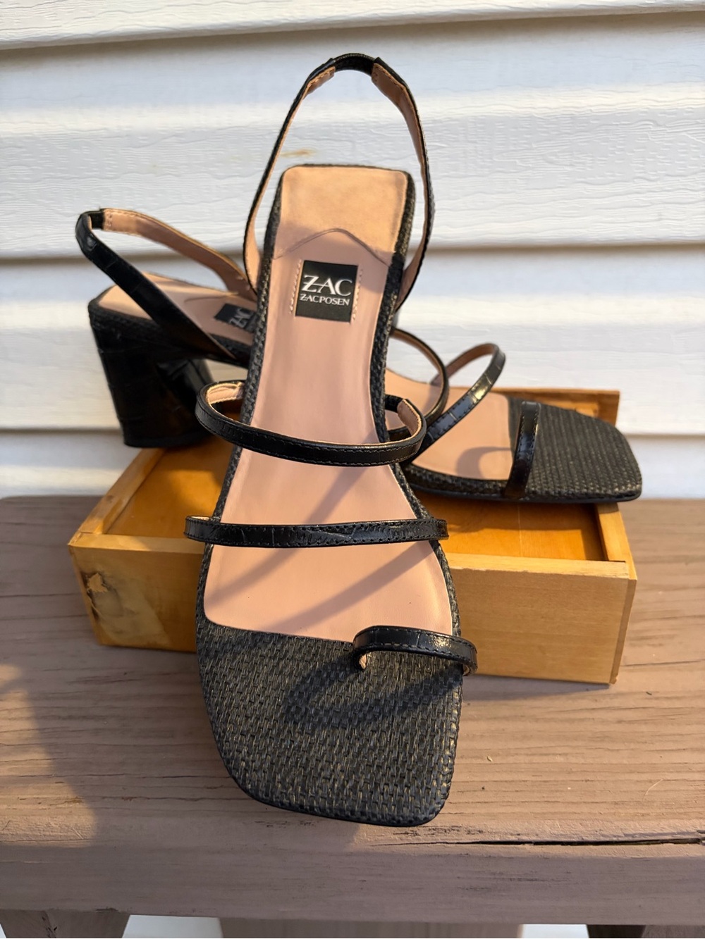 ZAC Zac Posen Black Strappy Square Toe Block Heel Sandals 8